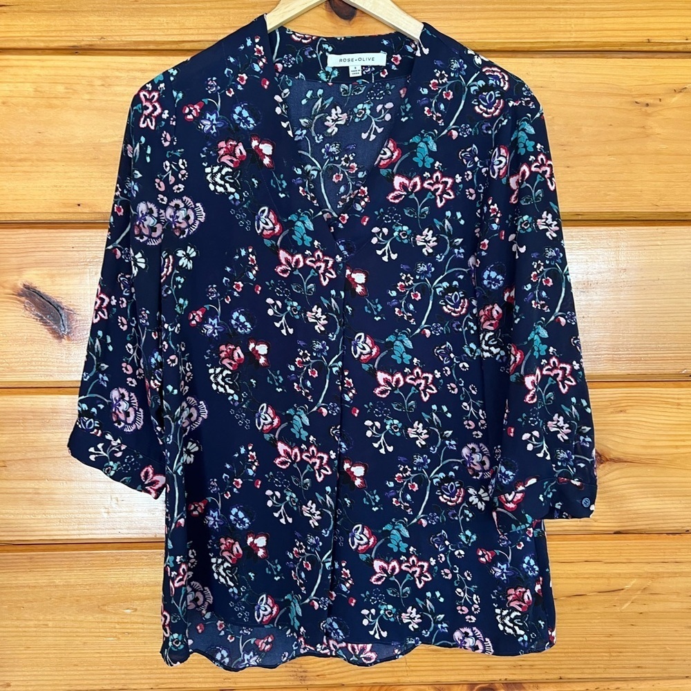 Rose & Olive Sz Small Blue Floral Blouse Top V-Neck 3/4 Sleeves Boho